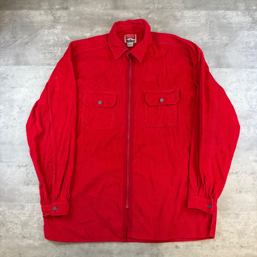 Vintage Marlboro Unlimited Red Corduroy Zip Up Shirt Jacket Mens Large Cotton